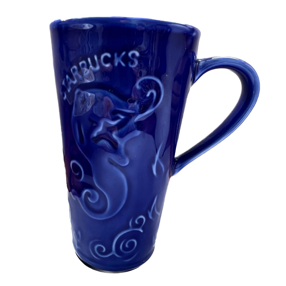 Starbucks Mermaid Travel Tumbler Mug Cobalt Blue Glaze Raised Siren Mermaid Lid
